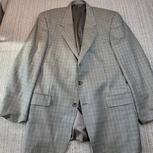 Saks‎ Fifth Avenue Blazer Mens 44R Brown Check Wool Silk 2 Button Sport Coat